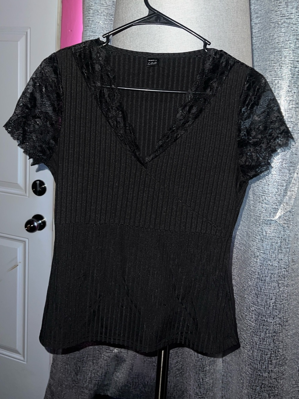 Black Lace-Trim V-Neck Women's Top